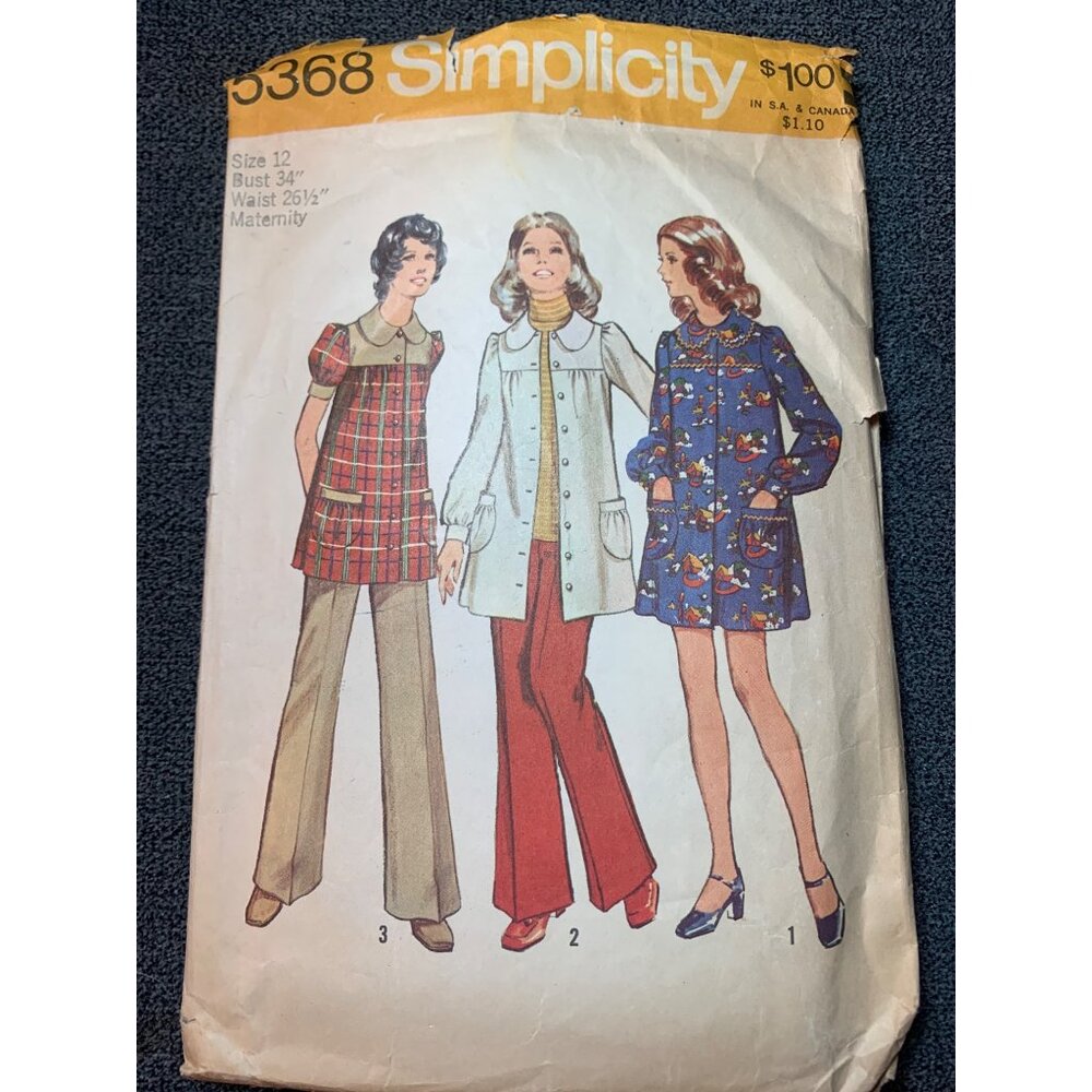 Simplicity 5368 Vintage Sewing Pattern Womens Maternity Shirt Pant Size 12 1970s